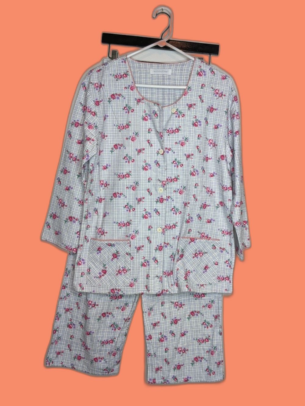 Vintage Maidenform M Flannel Pajama Set 2-Pc Long Sleeve Blue Floral